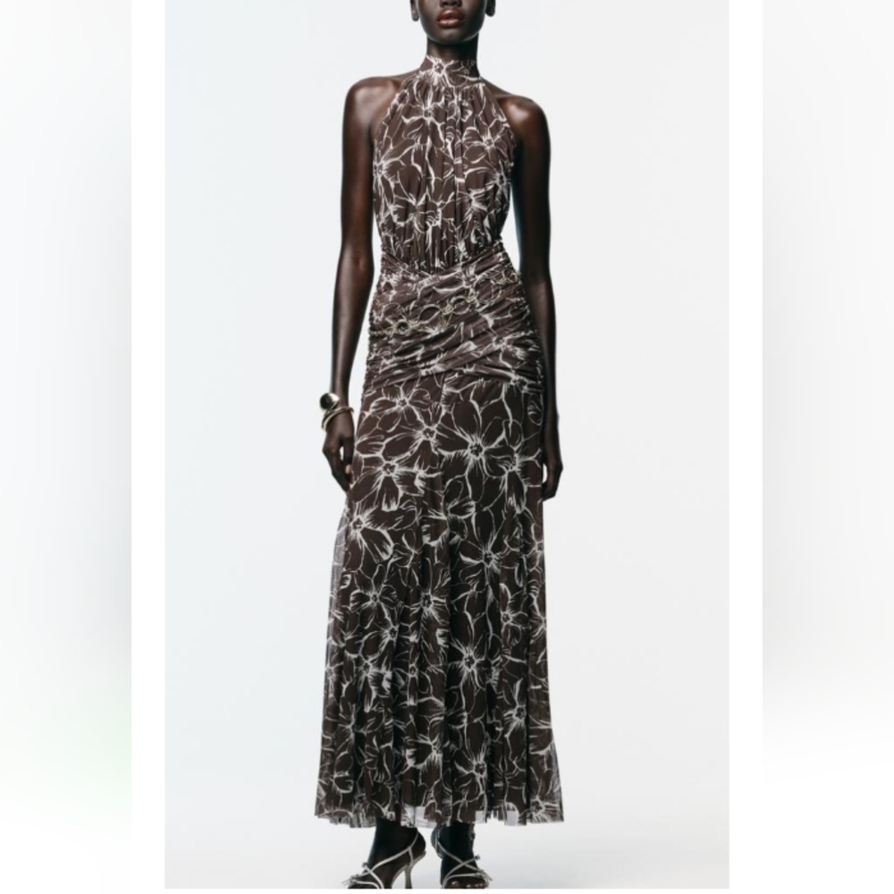 Zara Elegant Floral Halter Neck Tulle Formal Stretchy Maxi Dress